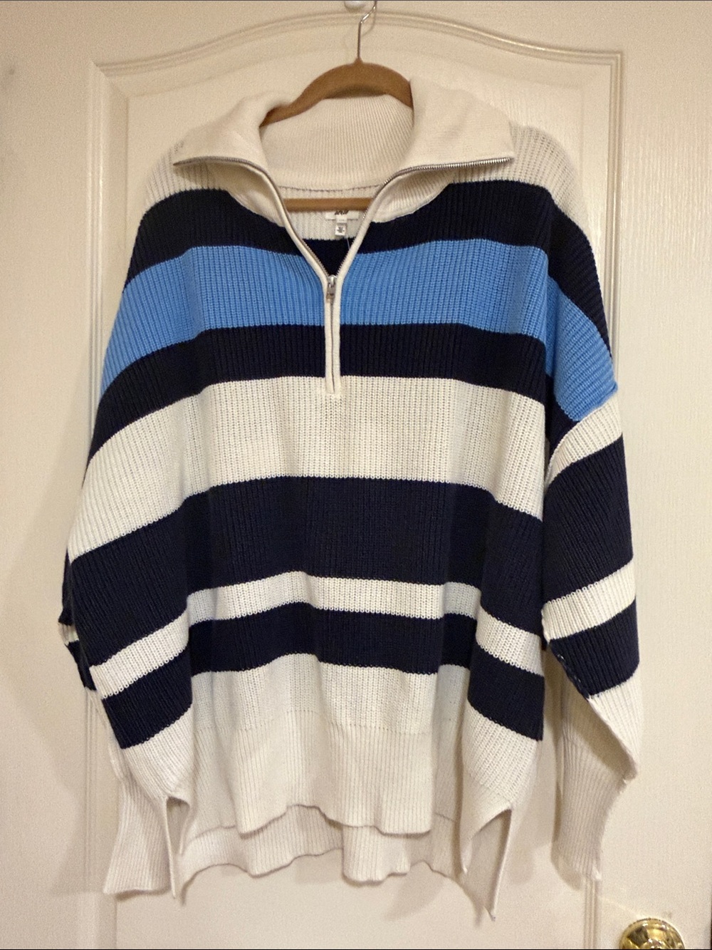 Light blue Navy and White Stripe Aerie Half Zip Sweater